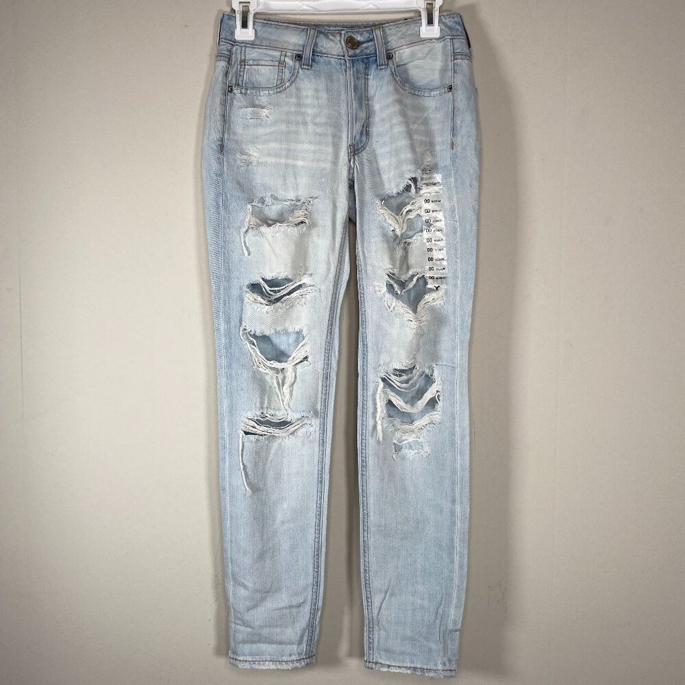American Eagle Tom Girl Denim Jeans Women's 00 Hydrangea Blue Distressed NWT